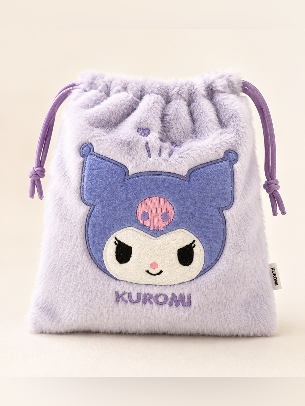 Kuromi Plush Drawstring Pouch in Lavender